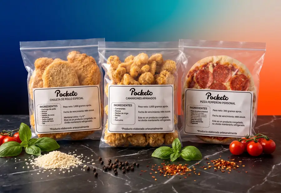 Productos Pocketo congelados: chuletas, camarones y pizza, listos para freír