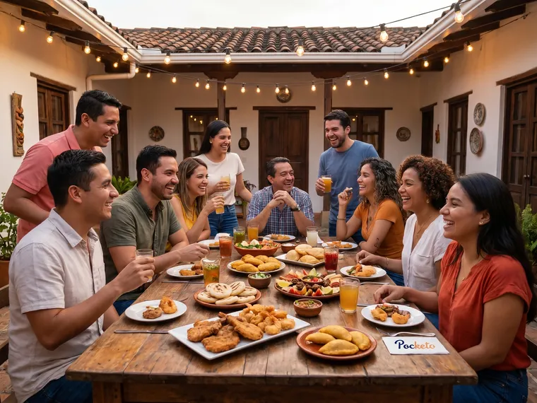 Personas reunidas alrededor de una mesa llena de comida Pocketo en un evento