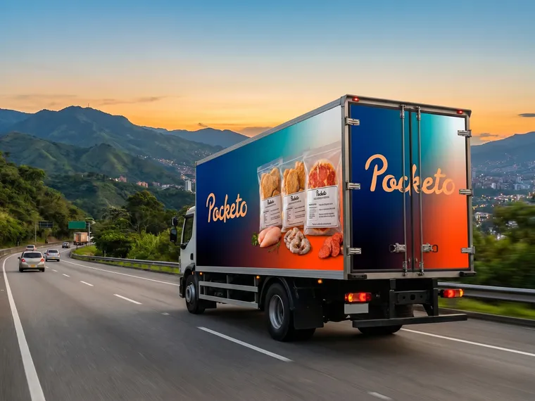 Camión de distribución de Pocketo en la vía, llevando producto al por mayor