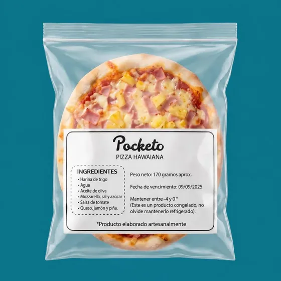 Pizza Hawaiana, empacada y congelada